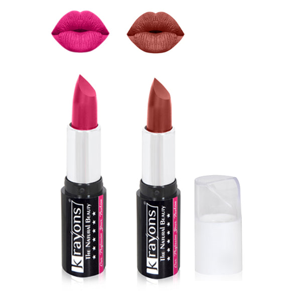 Krayons White Secret Moisturizing Matte lipstick, Waterproof, Long lasting, Pink Rouge, Brick Brown, 4gm Each, Combo (Pack of 2)