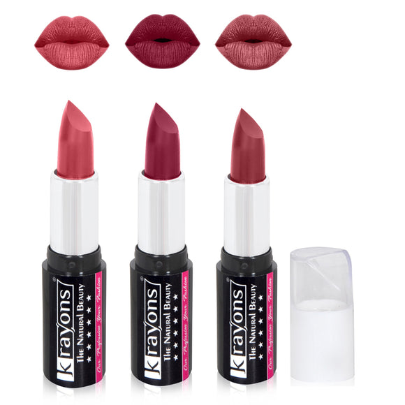 Krayons White Secret Moisturizing Matte lipstick, Waterproof, Long lasting, Rust Pink, Plum Pink, Haze Nude, 4gm Each, Combo (Pack of 3)