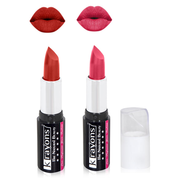 Krayons White Secret Moisturizing Matte lipstick, Waterproof, Long lasting, Pink Flower, Red Orange, 4gm Each, Combo (Pack of 2)