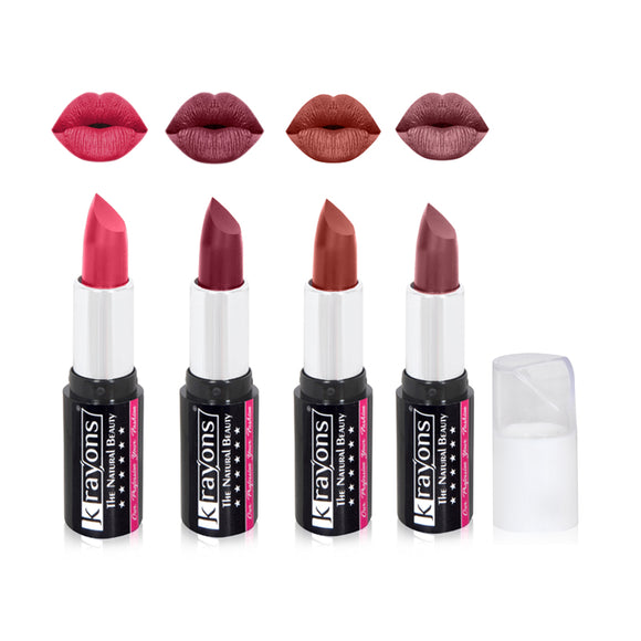 Krayons White Secret Moisturizing Matte lipstick, Waterproof, Long lasting, Pink Flower, Moody Maroon, Burgundy, Brick Brown, 4gm Each, Combo (Pack of 4)