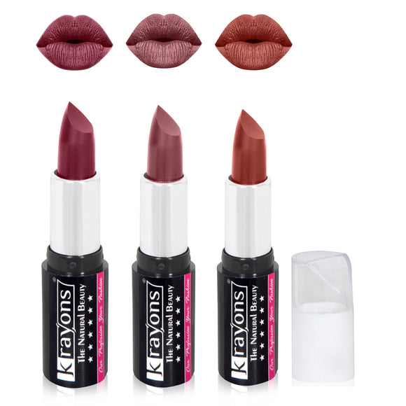 Krayons White Secret Moisturizing Matte lipstick, Waterproof, Long lasting, Moody Maroon, Burgundy, Brick Brown, 4gm Each, Combo (Pack of 3)