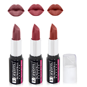 Krayons White Secret Moisturizing Matte lipstick, Waterproof, Long lasting, Burgundy, Brick Brown, Haze Nude, 4gm Each, Combo (Pack of 3)