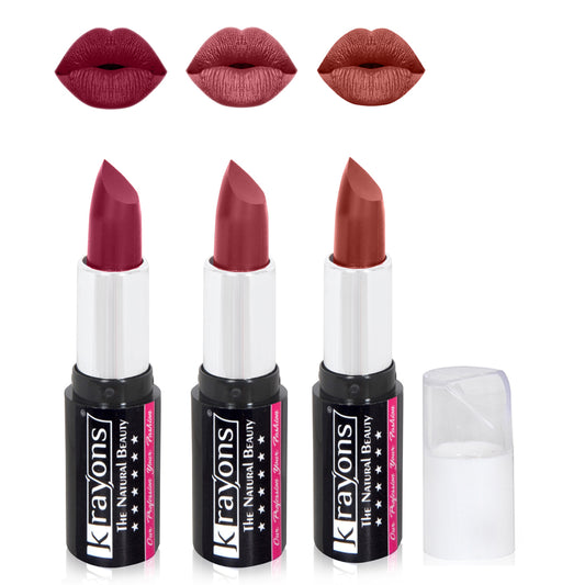 Krayons White Secret Moisturizing Matte lipstick, Waterproof, Long lasting, Plum Pink, Brick Brown, Haze Nude, 4gm Each, Combo (Pack of 3)