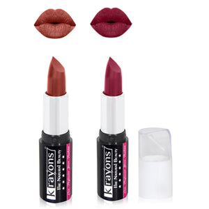 Krayons White Secret Moisturizing Matte lipstick, Waterproof, Long lasting, Plum Pink, Brick Brown, 4gm Each, Combo (Pack of 2)