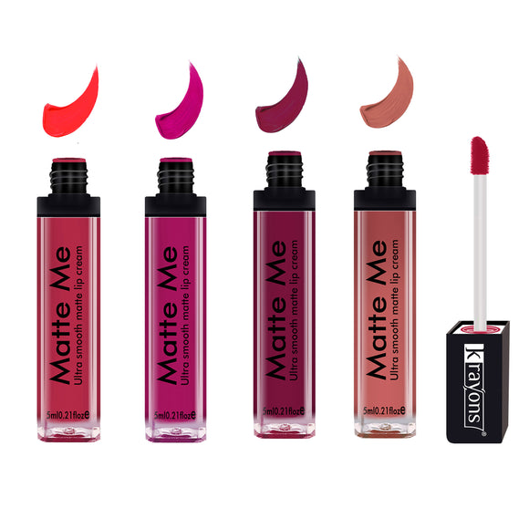 Krayons Matte Me Ultra Smooth Matte Liquid Lip Color, Mask Proof, Waterproof, Longlasting, 5ml Each, Combo, Pack of 4 (Sunset Orange, Pink Fever, Wow Pink, Nude Embrace)