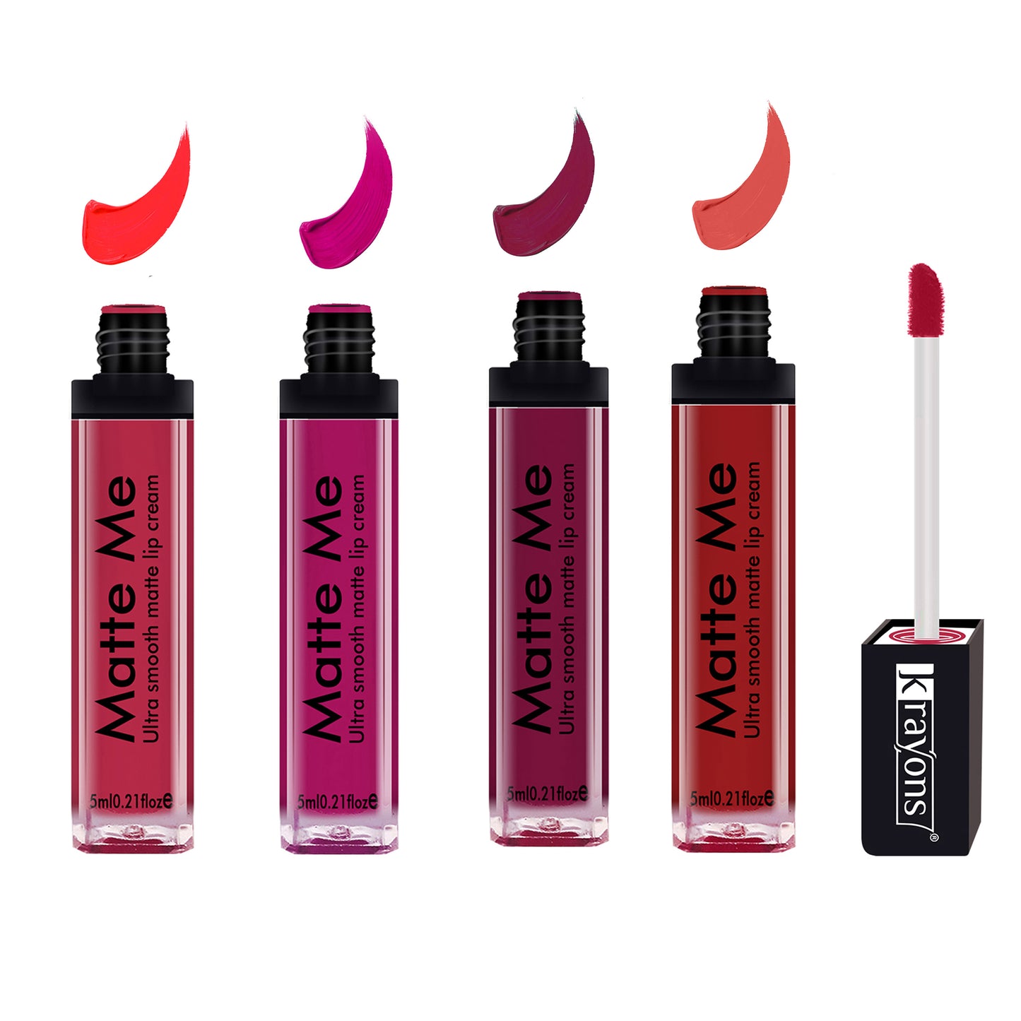 Krayons Matte Me Ultra Smooth Matte Liquid Lip Color, Mask Proof, Waterproof, Longlasting, 5ml Each, Combo, Pack of 4 (Sunset Orange, Pink Fever, Wow Pink, Hyper Orange)