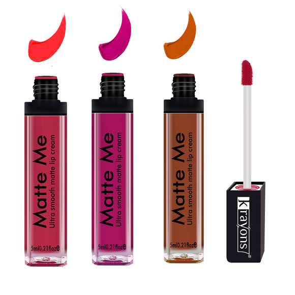 Krayons Matte Me Ultra Smooth Matte Liquid Lip Color, Mask Proof, Waterproof, Longlasting, 5ml Each, Combo, Pack of 3 (Sunset Orange, Pink Fever, Coffee Creme)