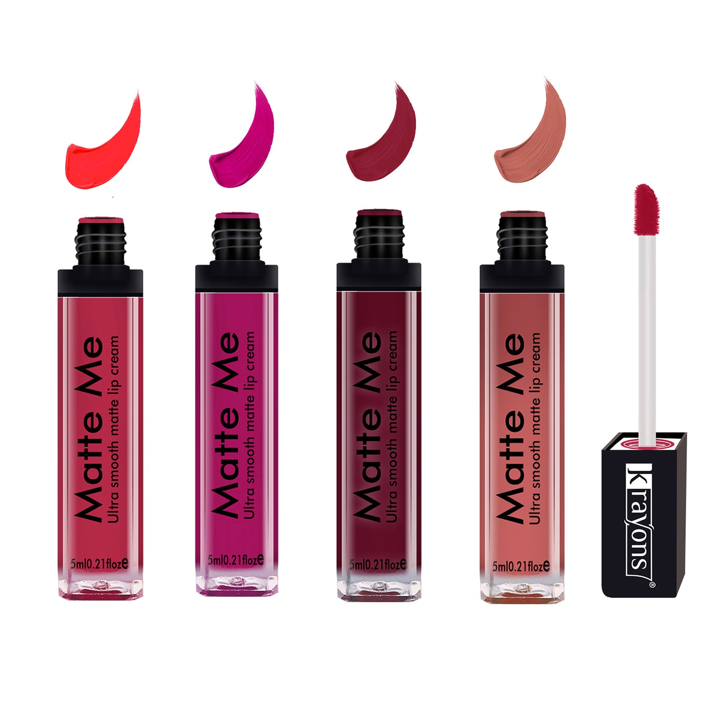 Krayons Matte Me Ultra Smooth Matte Liquid Lip Color, Mask Proof, Waterproof, Longlasting, 5ml Each, Combo, Pack of 4 (Sunset Orange, Pink Fever, Majestic Maroon, Nude Embrace)