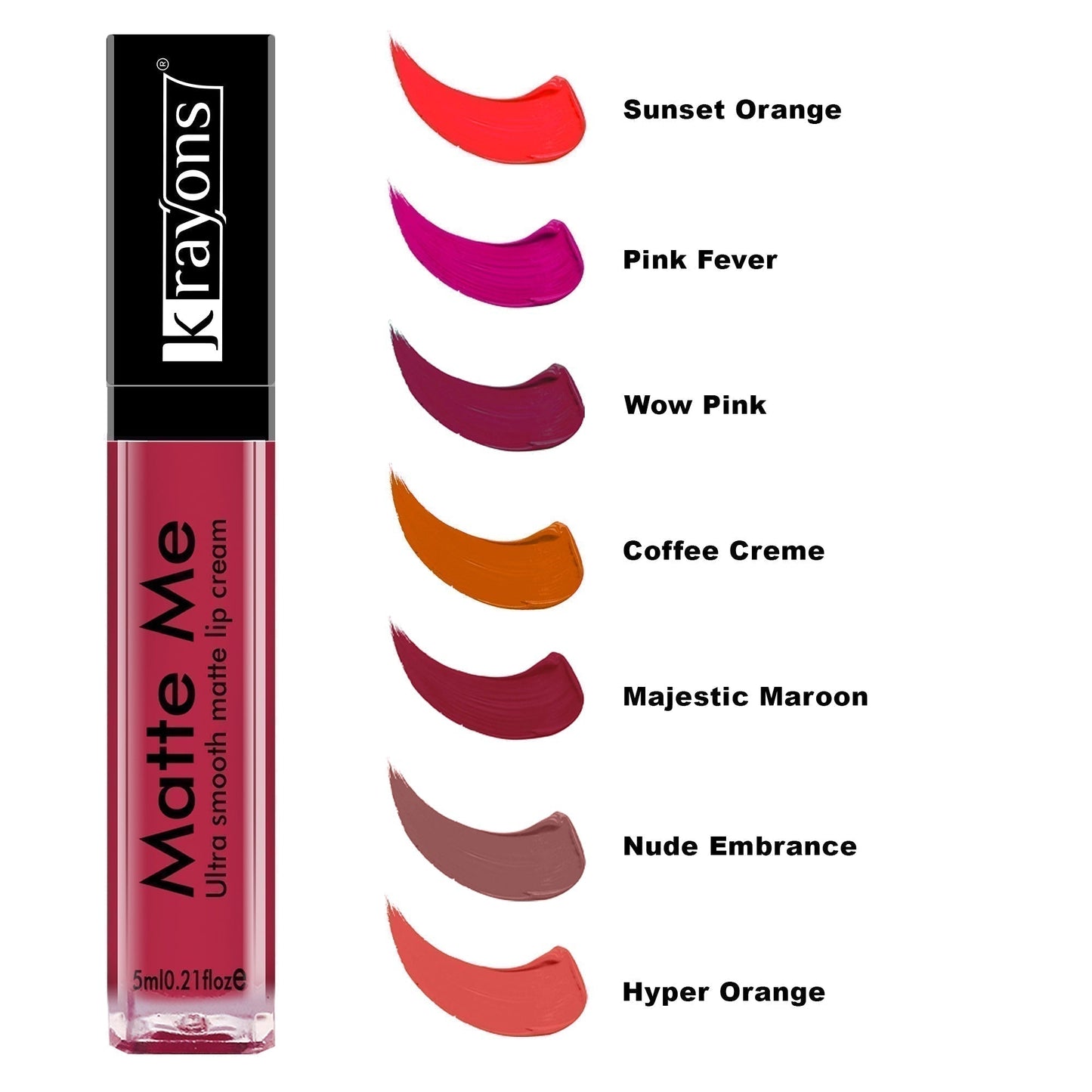 Krayons Matte Me Ultra Smooth Matte Liquid Lip Color, Mask Proof, Waterproof, Longlasting, 5ml Each, Combo, Pack of 4 (Sunset Orange, Pink Fever, Wow Pink, Hyper Orange)