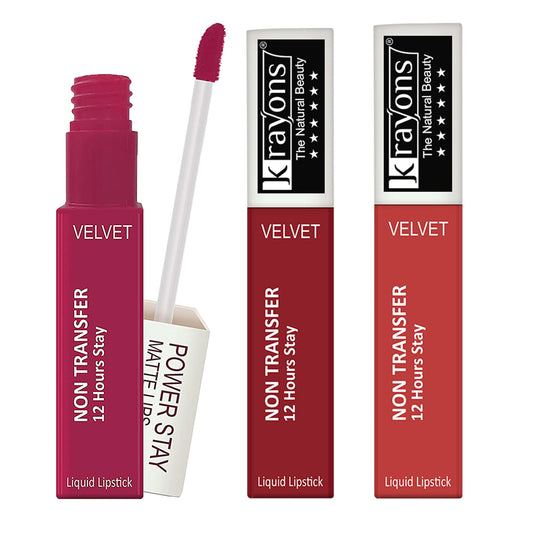 Krayons Power Stay Nontransfer 12hrs Stay Matte Liquid Lipstick, Mask Proof, 4ml Each, Combo, Pack of 3 (Pink Glam, Red Rush, Burnt Orange)