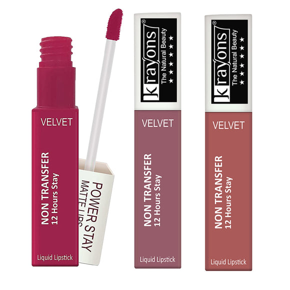 Krayons Power Stay Nontransfer 12hrs Stay Matte Liquid Lipstick, Mask Proof, 4ml Each, Combo, Pack of 3 (Pink Glam, Mauve Glaze, Wow Nude)