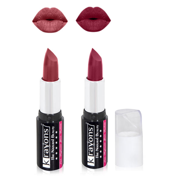 Krayons White Secret Moisturizing Matte lipstick, Waterproof, Long lasting, Plum Pink, Haze Nude, 4gm Each, Combo (Pack of 2)