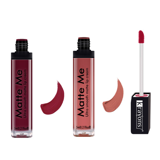 Krayons Matte Me Ultra Smooth Matte Liquid Lip Color, Mask Proof, Waterproof, Longlasting, 5ml Each, Combo, Pack of 2 (Majestic Maroon, Nude Embrace)
