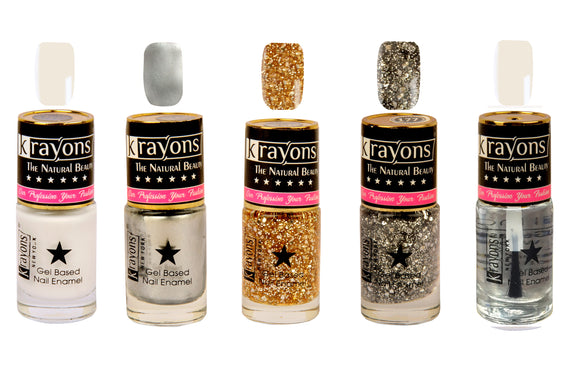 Krayons Gel Base Glossy Effect Nail Polish Enamel Color, Waterproof, Longlasting, 6ml Each, Combo, Pack of 5 (White Canvas, Silver Grey, Shimmer Golden, Shimmer Silver, Top Coat)