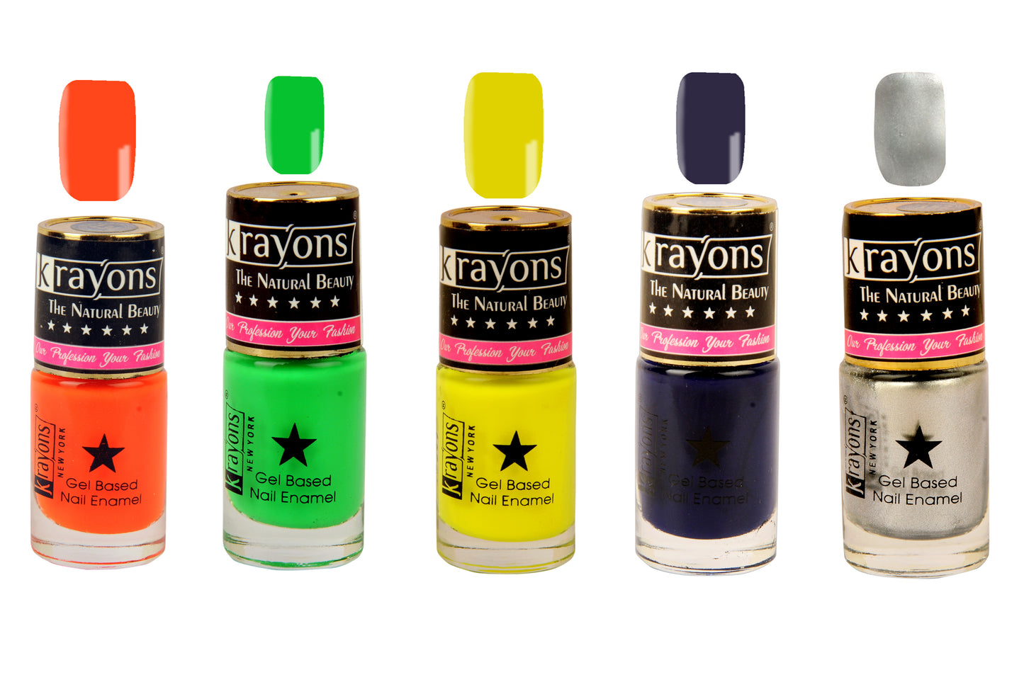 Krayons Gel Base Glossy Effect Nail Polish Enamel Color, Waterproof, Longlasting, 6ml Each, Combo, Pack of 5 (Neon Orange, Neon Green, Neon Yellow, Deep Blue, Silver Grey)