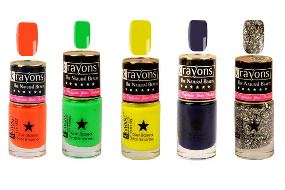 Krayons Gel Base Glossy Effect Nail Polish Enamel Color, Waterproof, Longlasting, 6ml Each, Combo, Pack of 5 (Neon Orange, Neon Green, Neon Yellow, Deep Blue, Shimmer Silver)