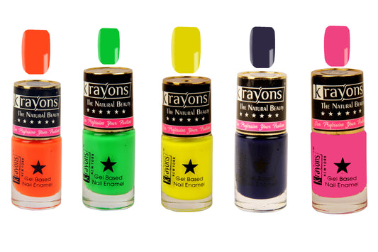 Krayons Gel Base Glossy Effect Nail Polish Enamel Color, Waterproof, Longlasting, 6ml Each, Combo, Pack of 5 (Neon Orange, Neon Green, Neon Yellow, Deep Blue, Angel Pink)