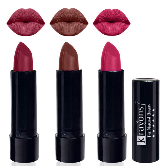 Krayons Cute  Matte Lipstick, Waterproof, Longlasting, 3.5gm Each, Pack of 3 (Shocking Pink, Brick Tone, Angel Pink)