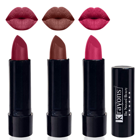 Krayons Cute Pop Matte Lipstick, Waterproof, Longlasting, 3.5gm Each, Pack of 3 (Shocking Pink, Brick Tone, Angel Pink)