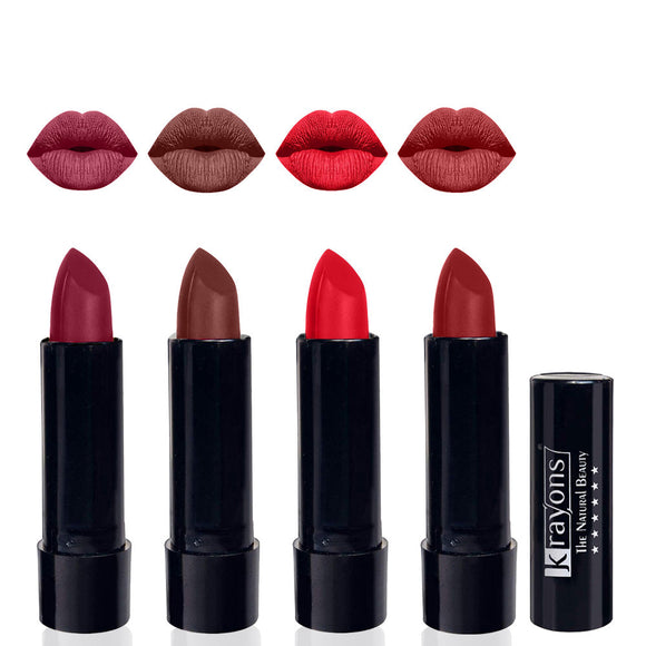 Krayons Cute  Matte Lipstick, Waterproof, Longlasting, 3.5gm Each, Pack of 4 (Shocking Pink, Brick Tone, Orange Crush, Signal Red)