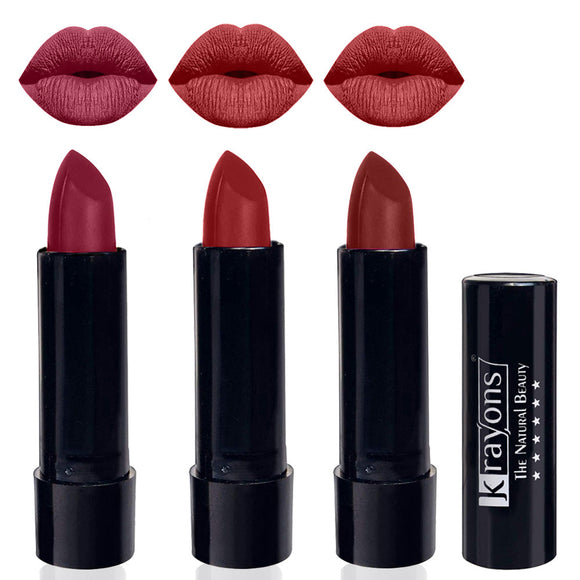 Krayons Cute  Matte Lipstick, Waterproof, Longlasting, 3.5gm Each, Pack of 3 (Shocking Pink, Signal Red, Cherry Maroon)
