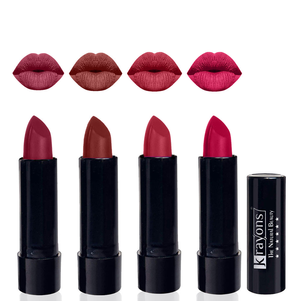 Krayons Cute  Matte Lipstick, Waterproof, Longlasting, 3.5gm Each, Pack of 4 (Shocking Pink, Cherry Maroon, Orange Tango, Pink Lips)