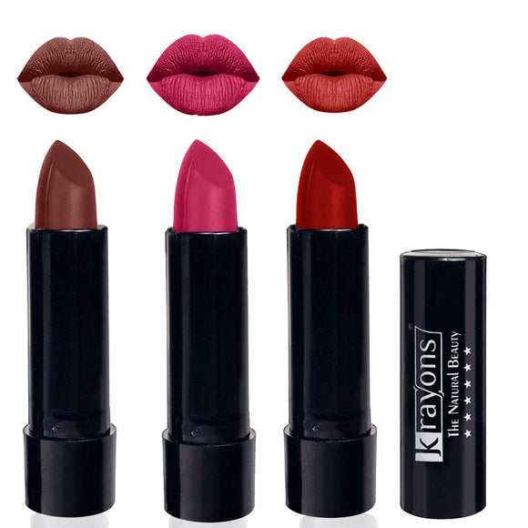 Krayons Cute  Matte Lipstick, Waterproof, Longlasting, 3.5gm Each, Pack of 3 (Brick Tone, Angel Pink, Centre Stage)