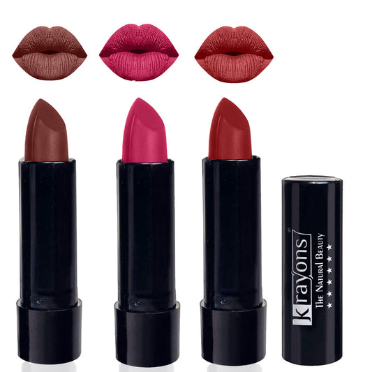 Krayons Cute  Matte Lipstick, Waterproof, Longlasting, 3.5gm Each, Pack of 3 (Brick Tone, Angel Pink, Signal Red)