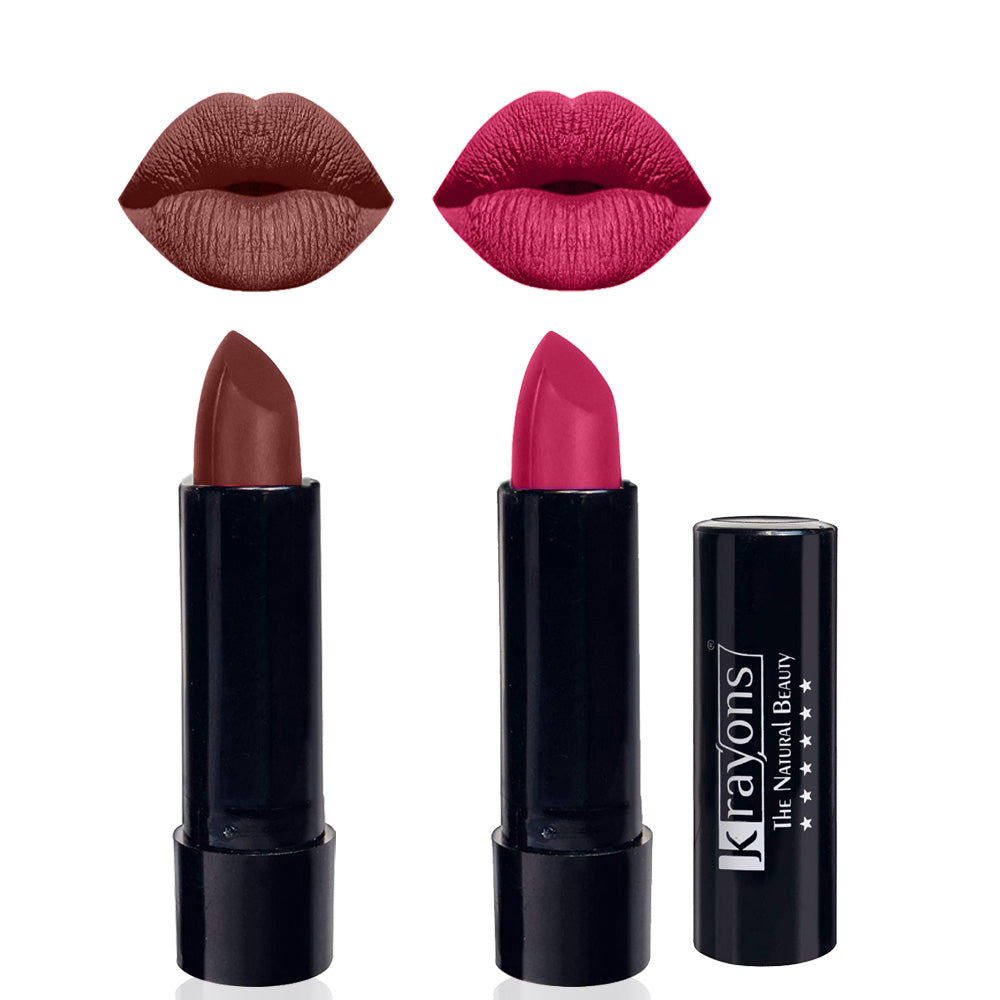 Krayons Cute  Matte Lipstick, Waterproof, Longlasting, 3.5gm Each, Pack of 2 (Brick Tone, Angel Pink)