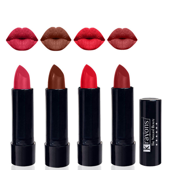Krayons Cute  Matte Lipstick, Waterproof, Longlasting, 3.5gm Each, Pack of 4 (First Crush, Chocolate Mocha, Orange Crush, Signal Red)