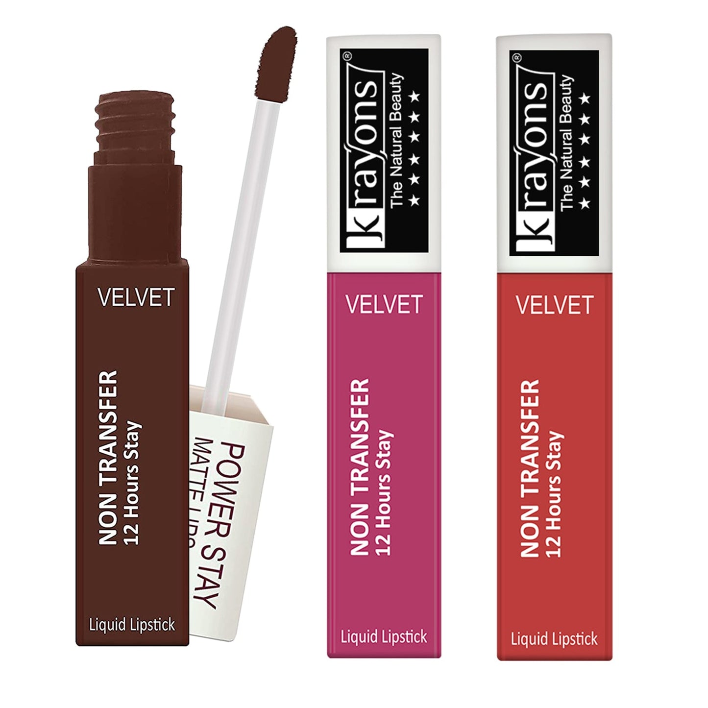 Krayons Power Stay Nontransfer 12hrs Stay Matte Liquid Lipstick, Mask Proof, 4ml Each, Combo, Pack of 3 (Caramel, Burnt Orange, Pink Glam)