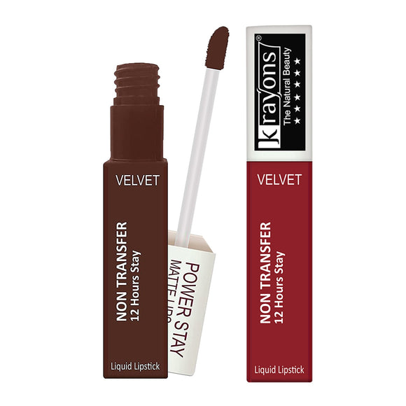 Krayons Power Stay Nontransfer 12hrs Stay Matte Liquid Lipstick, Mask Proof, 4ml Each, Combo, Pack of 2 (Caramel, Red Rush)