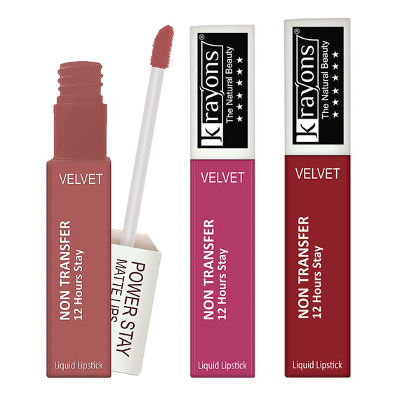 Krayons Power Stay Nontransfer 12hrs Stay Matte Liquid Lipstick, Mask Proof, 4ml Each, Combo, Pack of 3 ( Wow Nude, Pink Glam, Red Rush)