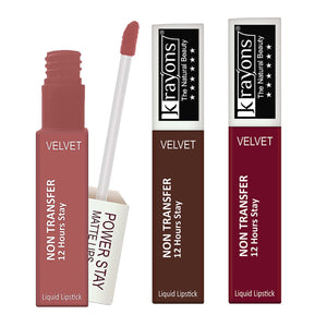 Krayons Power Stay Nontransfer 12hrs Stay Matte Liquid Lipstick, Mask Proof, 4ml Each, Combo, Pack of 3 ( Wow Nude, Caramel, Maroon Magic)