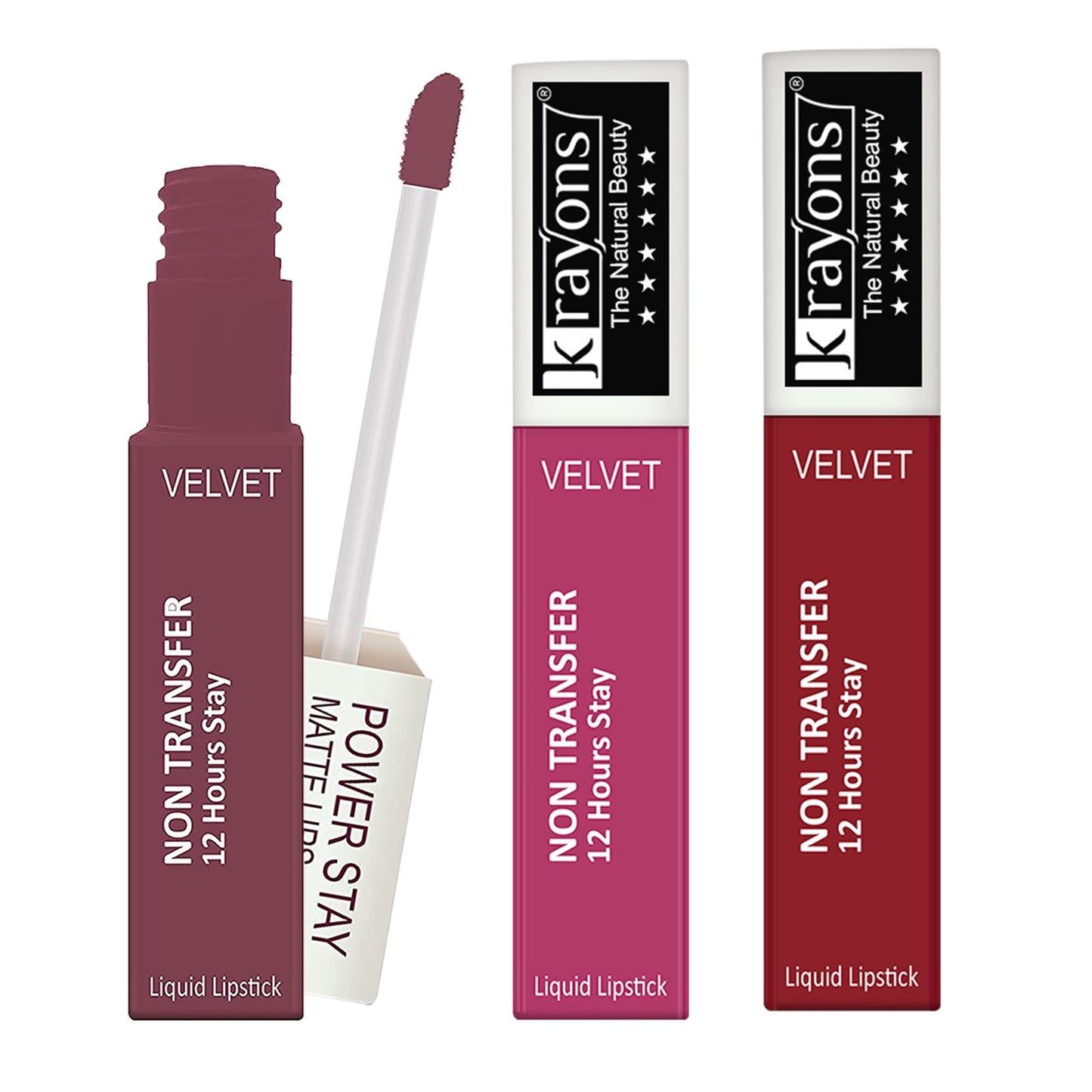 Krayons Power Stay Nontransfer 12hrs Stay Matte Liquid Lipstick, Mask Proof, 4ml Each, Combo, Pack of 3 (Mauve Glaze, Pink Glam, Red Rush )