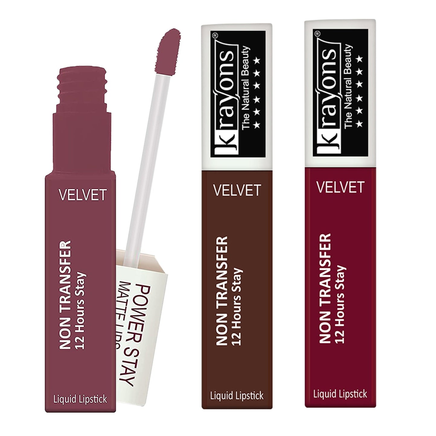 Krayons Power Stay Nontransfer 12hrs Stay Matte Liquid Lipstick, Mask Proof, 4ml Each, Combo, Pack of 3 (Mauve Glaze, Caramel, Maroon Magic)