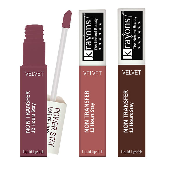 Krayons Power Stay Nontransfer 12hrs Stay Matte Liquid Lipstick, Mask Proof, 4ml Each, Combo, Pack of 3 (Mauve Glaze, Wow Nude, Caramel)