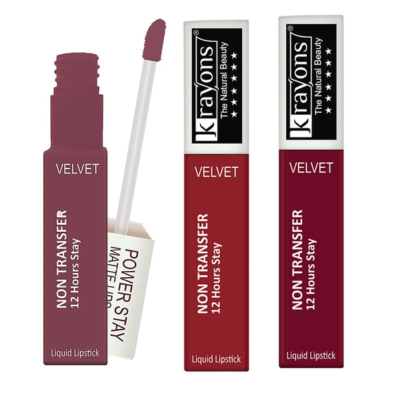 Krayons Power Stay Nontransfer 12hrs Stay Matte Liquid Lipstick, Mask Proof, 4ml Each, Combo, Pack of 3 (Mauve Glaze, Red Rush, Maroon Magic)