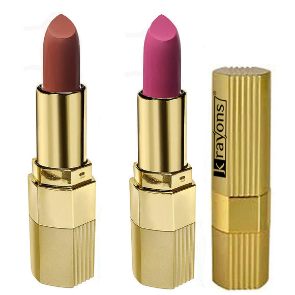 Krayons Desire Matte Lipstick, Highly Pigmented, Longlasting, 3.5g Each, Combo, Pack of 2 (Caramel Brown, Pink Mulbery)