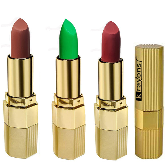 Krayons Desire Lipstick, Highly Pigmented, Longlasting, 3.5g Each, Combo, Pack of 3 (Caramel Brown, Garnet Red, Magic Pink)