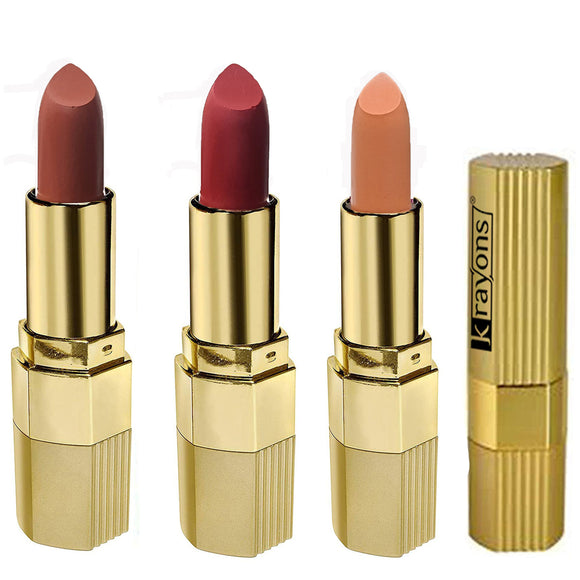 Krayons Desire Matte Lipstick, Highly Pigmented, Longlasting, 3.5g Each, Combo, Pack of 3 (Caramel Brown, Garnet Red, Nude Caramel)