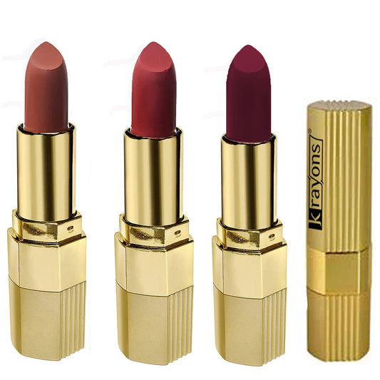 Krayons Desire Matte Lipstick, Highly Pigmented, Longlasting, 3.5g Each, Combo, Pack of 3 (Caramel Brown, Garnet Red, Cherry Love)