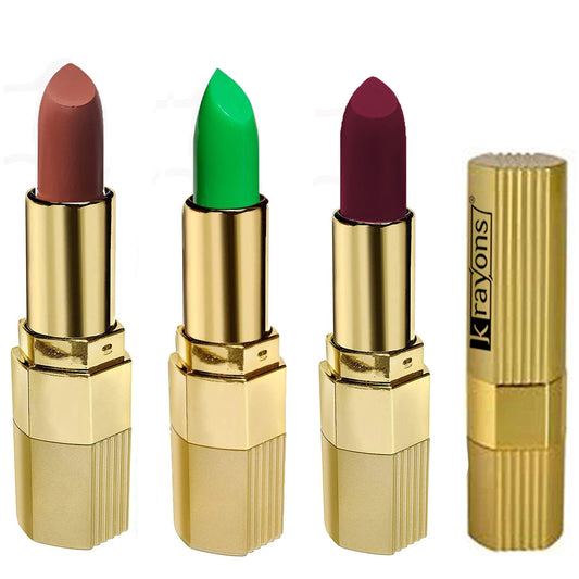 Krayons Desire Lipstick, Highly Pigmented, Longlasting, 3.5g Each, Combo, Pack of 3 (Caramel Brown, Magic Pink, Cherry Love)