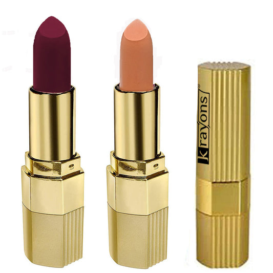 Krayons Desire Matte Lipstick, Highly Pigmented, Longlasting, 3.5g Each, Combo, Pack of 2 (Nude Caramel, Cherry Love)