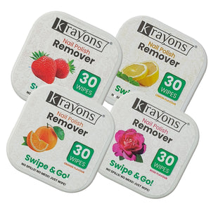 Krayons Nail Polish Remover Wipes, 30 Pads Each, Pack of 4 (Orange, Lemon, Strawberry & Rose)