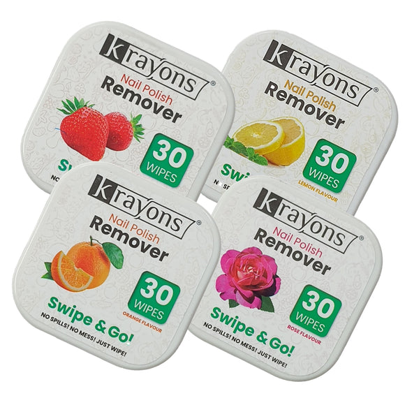 Krayons Nail Polish Remover Wipes, 30 Pads Each, Pack of 4 (Orange, Lemon, Strawberry & Rose)