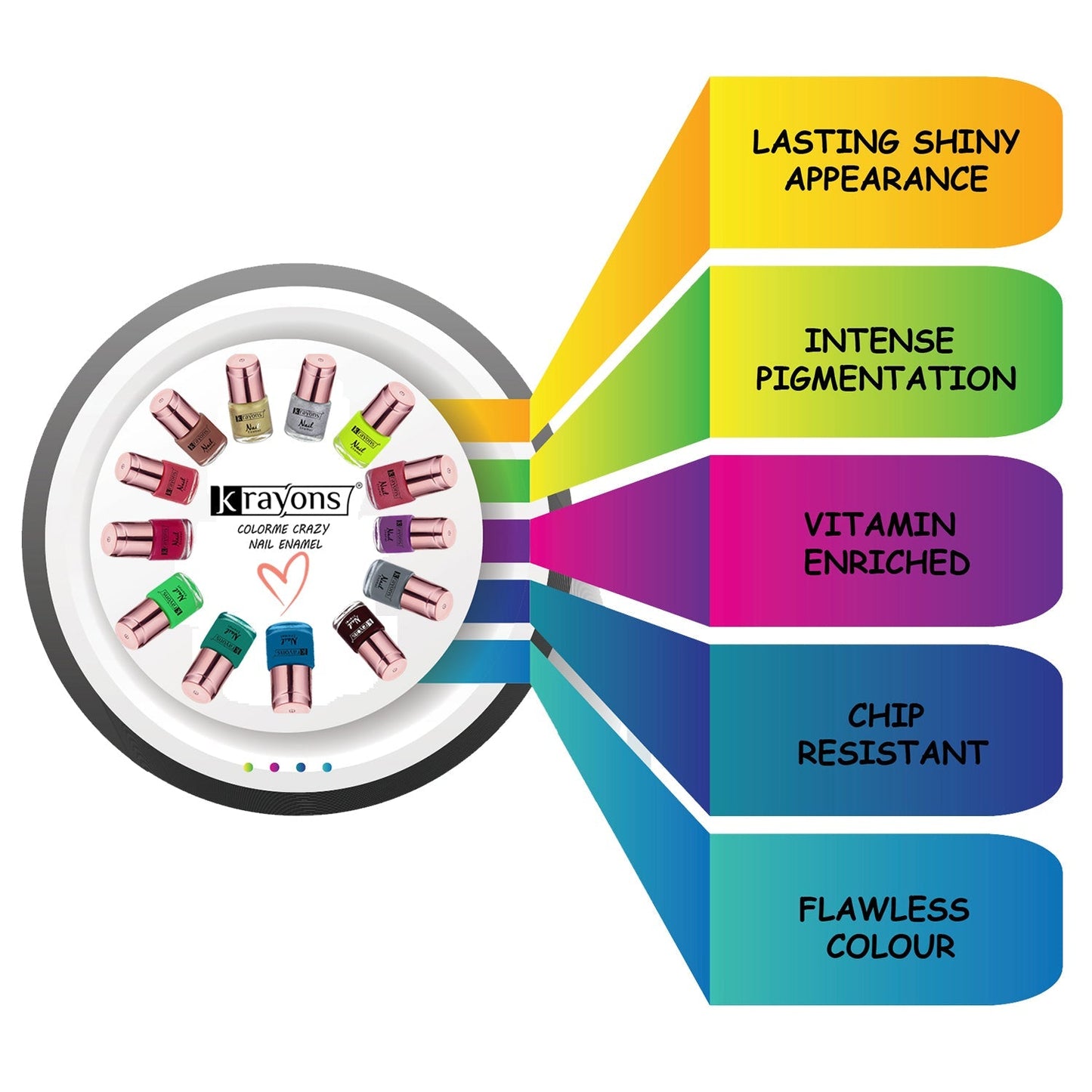Krayons Crazy Gel Nail Enamel, Waterproof, Smudgeproof, Longlasting, 8ml Each, Combo (Pack of 12)