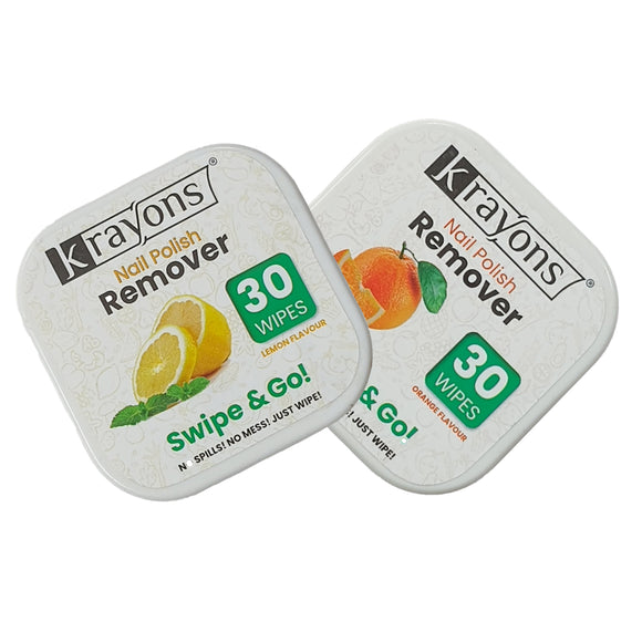 Krayons Nail Polish Remover Wipes, 30 Pads Each, Pack of 2 (Lemon & Orange)