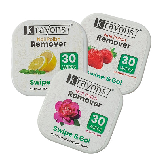 Krayons Nail Polish Remover Wipes, 30 Pads Each, Pack of 3 (Lemon, Strawberry & Rose)