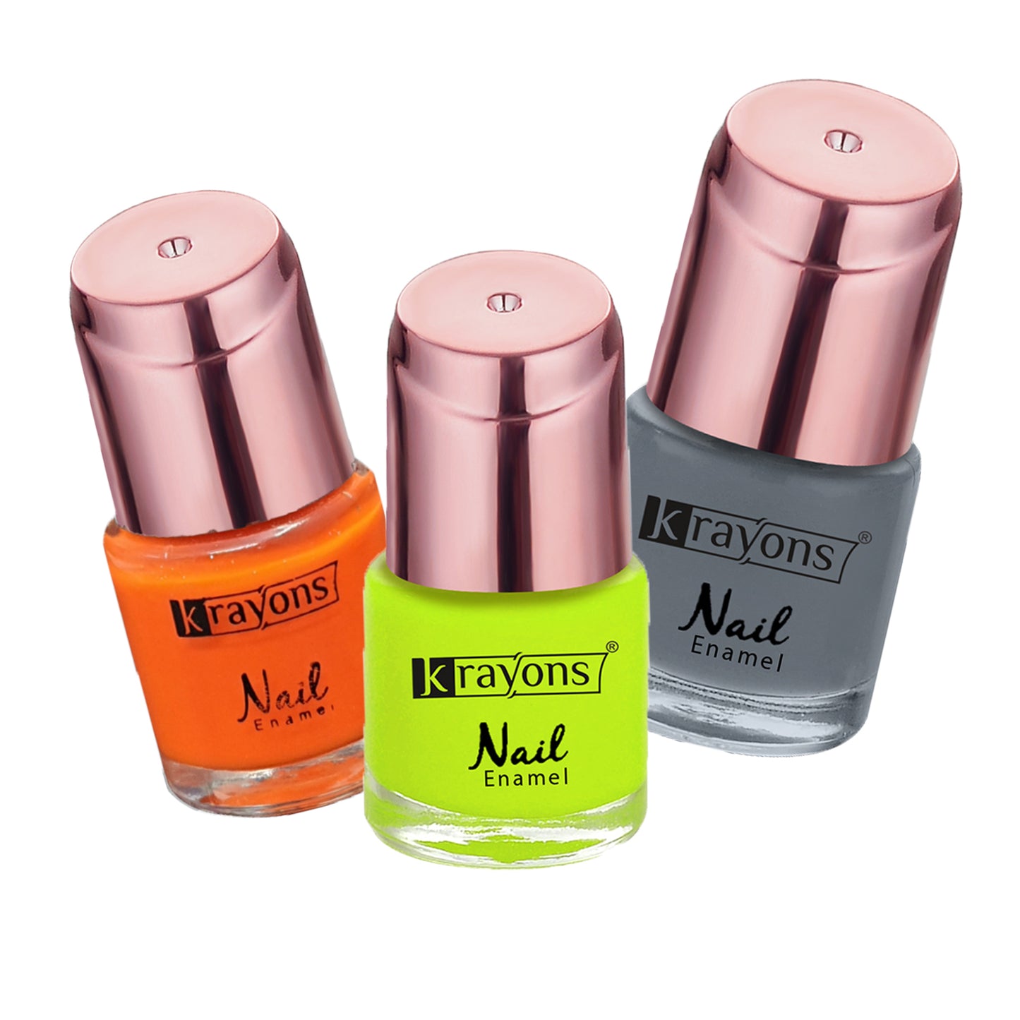 Krayons Crazy Gel Nail Enamel, Waterproof, Longlasting, 8ml Each, Multicolor, Pack of 3 (Neon Orange, Neon Yellow, Charcoal Grey)